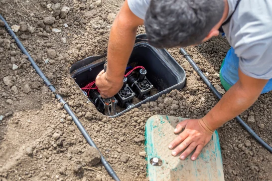 Technician servicing drip irrigation valve box
