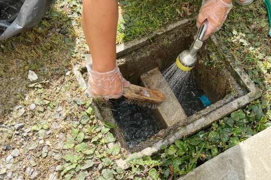 Cleaning and rinsing a commercial grease trap