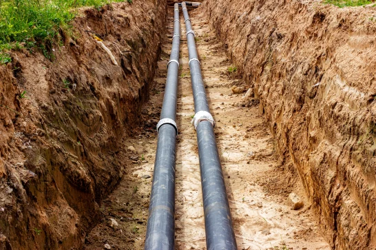 Commercial water and sewer line installation in trench